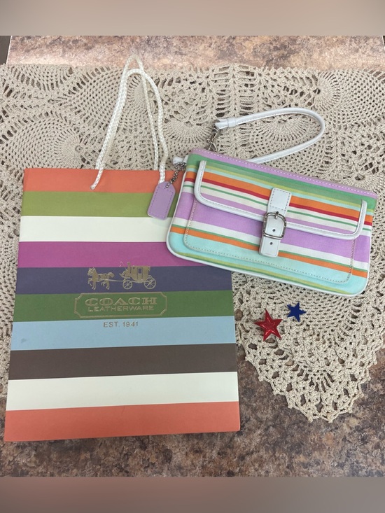 Coach Handbags - Coach Hampton striped wristlet with her Coach gift bag.